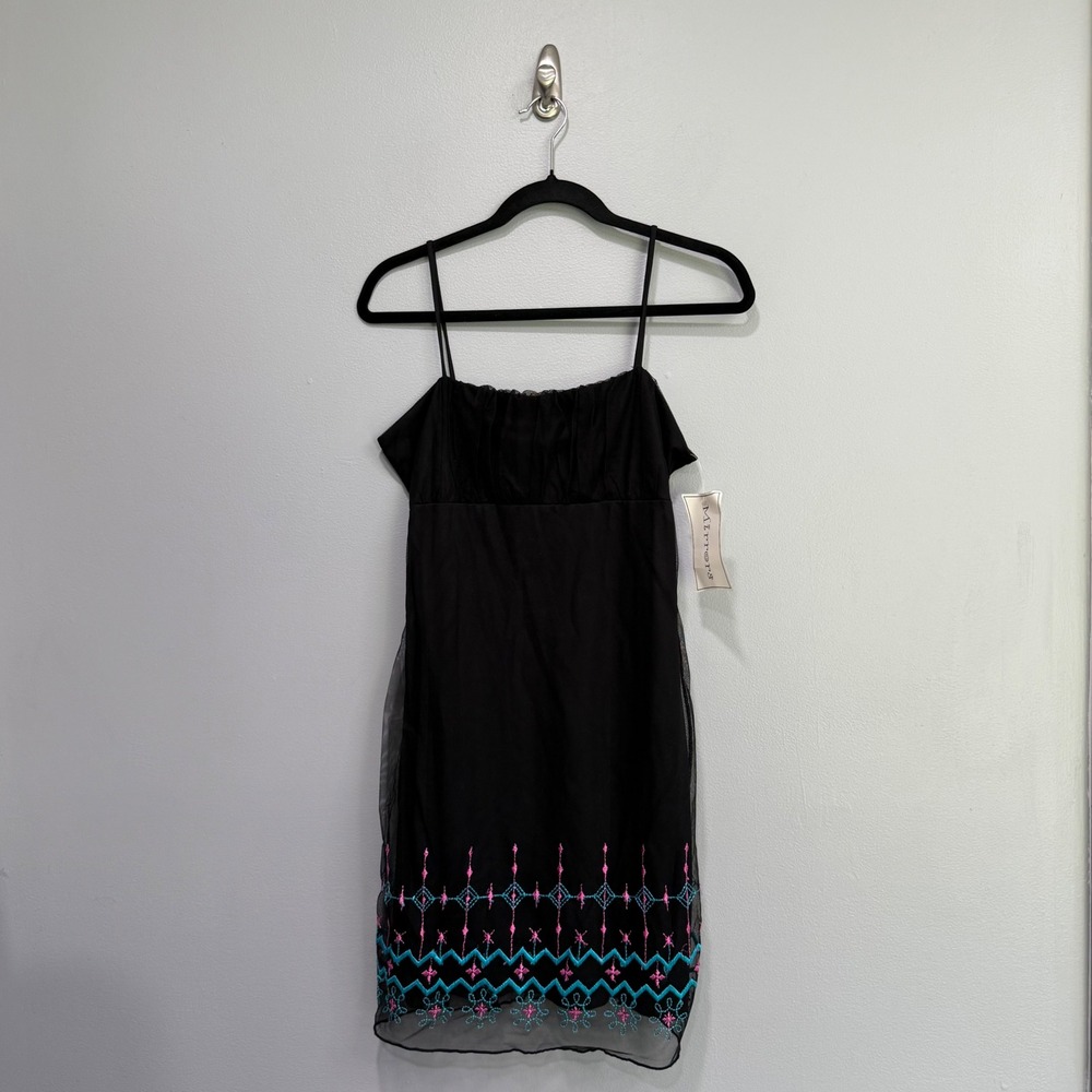 VTG Mirrors Black Mesh Mini Dress Pink Turquoise Embroidery Y2K Large NWT